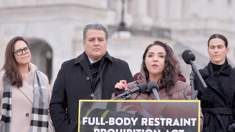 La representante demócrata por Illinois Delia Ramírez durante una conferencia de prensa para...